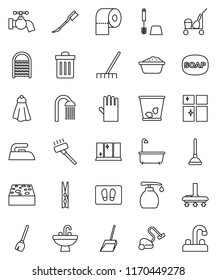 thin line vector icon set - soap vector, plunger, cleaner trolley, broom, vacuum, scoop, rake, clothespin, sponge, towel, trash bin, water tap, car fetlock, welcome mat, iron, bath, toilet brush