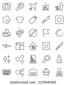 thin line vector icon set - cleaner trolley vector, towel, shining, window cleaning, splotch, knife, bbq, flag, percent growth, any currency, scales, t shirt, plane, truck trailer, rec button, share