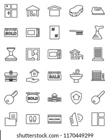 thin line vector icon set - plunger vector, fetlock, sponge, car, window cleaning, welcome mat, iron, steaming, shining, house hold, sink, microwave oven, university, school building, dry cargo, key