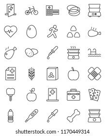 thin line vector icon set - double boiler vector, cereal, egg, potato, chicken leg, apple fruit, diet, heart pulse, bike, water bottle, cereals, breads, bone, hoop, run, doctor bag, thermometer