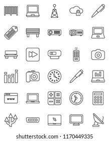 thin line vector icon set - pen vector, notebook pc, laptop graph, clock, barcode, camera, antenna, equalizer, remote control, forward button, hdmi, cloud lock, browser, bench, route arrow, monitor