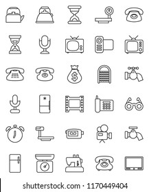 thin line vector icon set - water tap vector, washboard, kettle, glasses, alarm clock, money bag, sand, phone, big scales, film frame, tv, video camera, microphone, classic, fridge, kitchen