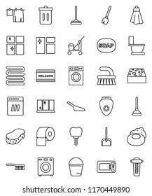 thin line vector icon set - soap vector, plunger, cleaner trolley, broom, fetlock, mop, scoop, bucket, sponge, towel, trash bin, window cleaning, welcome mat, toilet, drying clothes, washer, shining