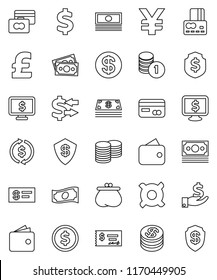 thin line vector icon set - exchange vector, dollar coin, credit card, wallet, cash, investment, stack, check, shield, monitor, any currency, pound, yen sign, money