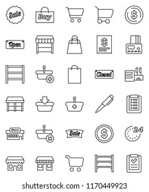 thin line vector icon set - pen vector, dollar coin, cart, credit card, office, shelving, sale, open, closed, 24 hour, shopping bag, market, store, mall, buy, receipt, basket, list