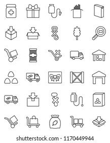 thin line vector icon set - washing powder vector, cereal, pasta, delivery, wood box, cargo, no trolley, hook, warehouse, package, search, pills bottle, drop counter, relocation truck, gift