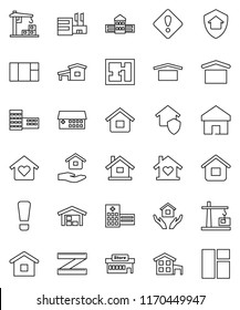 thin line vector icon set - house hold vector, school building, measuring, dry cargo, hospital, home, attention sign, cottage, barn, plan, love, construction crane, protect, mall, window