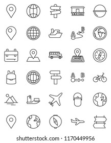thin line vector icon set - camping cauldron vector, backpack, compass, school bus, world, bike, signpost, navigator, earth, map pin, plane, ship, route, Railway carriage, globe, mountain