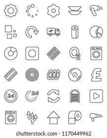 thin line vector icon set - washboard vector, toilet paper, plates, pie graph, arrow up, pound, oxygen, disk, play button, rec, pills blister, gear, refresh, redo, loading, route, relocation truck