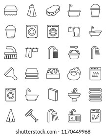 thin line vector icon set - soap vector, scraper, fetlock, bucket, sponge, towel, bath, drying clothes, washer, washing powder, shower, sink, dishwasher