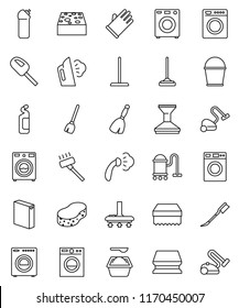 thin line vector icon set - broom vector, vacuum cleaner, mop, bucket, sponge, car fetlock, steaming, washer, washing powder, cleaning agent, rubber glove