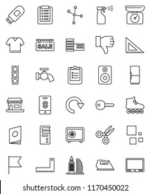 thin line vector icon set - water tap vector, iron, sprayer, school building, corner ruler, clipboard, scissors, flag, constellation, safe, roller Skates, office, traffic light, speaker, finger down