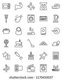 thin line vector icon set - pan vector, scales, whisk, ladle, chicken leg, calculator, bank building, gold ingot, measuring, muscule hand, fitness mat, route, video camera, thumbtack, insemination