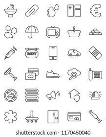 thin line vector icon set - scraper vector, vacuum cleaner, window cleaning, sink, garbage pile, towel, credit card, euro sign, gold ingot, snickers, phone, car, umbrella, loudspeaker, tv, mobile