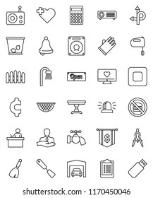 thin line vector icon set - broom vector, trash bin, water tap, rubber glove, colander, spatula, mixer, drawing compass, student, bell, calculator, dollar flag, cent sign, clipboard, no fastfood