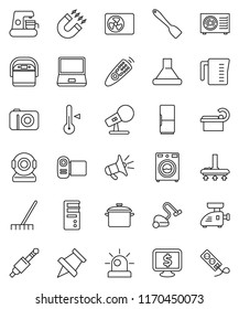 thin line vector icon set - vacuum cleaner vector, rake, washer, pan, measuring cup, spatula, thermometer, paper pin, magnet, monitor dollar, microphone, remote control, notebook pc, jack, fridge