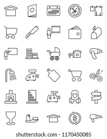 thin line vector icon set - drying clothes vector, shower, cleaner woman, knife, cutting board, blackboard, exchange, wallet, signpost, ship, calendar, glass, dry cargo, pregnancy, cottage, building