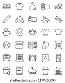 thin line vector icon set - bucket vector, ruler, school bus, abacus, piggy bank, target, any currency, t shirt, roller Skates, satellitie, gamepad, settings, group, disabled, menu, cottage, mailbox