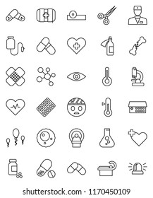 thin line vector icon set - thermometer vector, flask, pills vial, molecule, first aid kit, heart pulse, cross, doctor, eye, scissors, broken bone, patch, blister, hat, microscope, hospital building