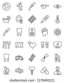 thin line vector icon set - atom vector, pills, oxygen, heart cross, thermometer, vial, eye, gender sign, dropper, crutches, broken bone, blister, doctor hat, microscope, chromosomes, anamnesis