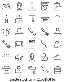 thin line vector icon set - water tap vector, sponge, kettle, colander, measuring cup, cook hat, timer, whisk, skimmer, spatula, toaster, microwave oven, spices, blender, dish, jar, oil, mixer, hood
