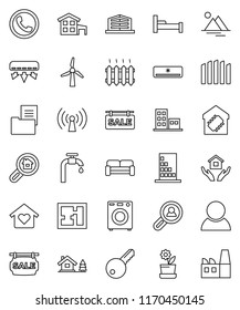 thin line vector icon set - house hold vector, cottage, chalet, windmill, water supply, mountain, fence, plan, estate document, sale signboard, apartments, office building, search, client, consumer