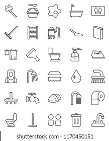 thin line vector icon set - scraper vector, vacuum cleaner, fetlock, mop, rake, scoop, sponge, trash bin, water drop, tap, splotch, welcome mat, iron, bath, toilet, drying clothes, washing powder