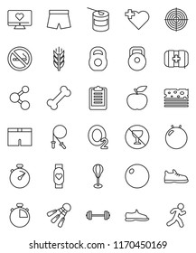 thin line vector icon set - diet vector, barbell, stopwatch, clipboard, weight, jump rope, punching bag, fitball, snickers, shorts, target, sports nutrition, molecule, heart monitor, cereals, breads