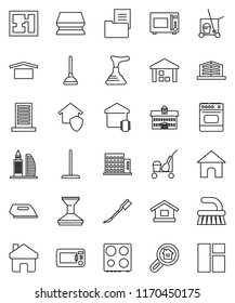 thin line vector icon set - plunger vector, cleaner trolley, fetlock, mop, sponge, car, microwave oven, university, dry cargo, warehouse, home, plan, estate document, apartments, office building