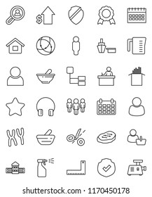 thin line vector icon set - sprayer vector, measuring cup, pasta, steak, school building, corner ruler, student, medal, dollar growth, man, calendar, port, protected, headphones, mortar, chromosomes