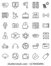 thin line vector icon set - toaster vector, microwave oven, atom, magnet, flask, laptop graph, monitor dollar, earth, satellite antenna, gamepad, video camera, headphones, tomography, connection, tv