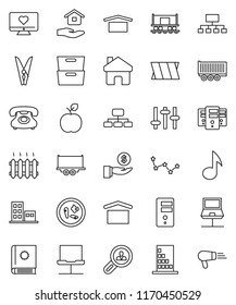 thin line vector icon set - clothespin vector, house hold, apple fruit, music, archive, constellation, investment, hierarchy, heart monitor, Railway carriage, phone, truck trailer, dry cargo, server