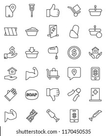 thin line vector icon set - soap vector, foam basin, rubber glove, house hold, mixer, blender, dollar coin, investment, hand trainer, muscule, traking, cargo, finger up, down, crutches, bandage