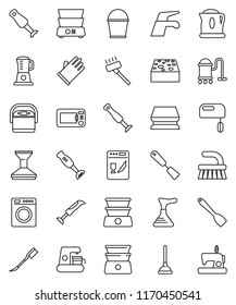 thin line vector icon set - plunger vector, water tap, vacuum cleaner, fetlock, bucket, sponge, car, rubber glove, spatula, double boiler, blender, washer, dishwasher, mixer, coffee maker, kettle