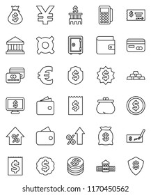 thin line vector icon set - school building vector, bank, dollar coin, wallet, percent growth, money bag, check, receipt, medal, shield, safe, monitor, any currency, euro sign, yen, gold ingot