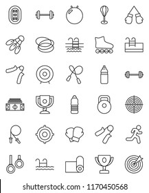 thin line vector icon set - award cup vector, target, barbell, stadium, weight, jump rope, hand trainer, punching bag, fitball, boxing glove, roller Skates, water bottle, fitness mat, shuttlecock