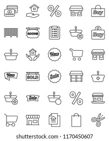 thin line vector icon set - house hold vector, cart, office, estate document, rooms signboard, sold, credit card, sale, new, shopping bag, percent, market, store, buy, barcode, basket, list, coupon