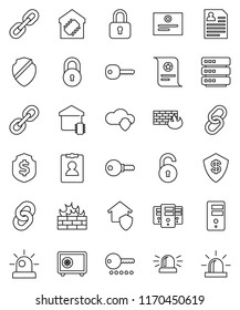thin line vector icon set - certificate vector, personal information, dollar shield, safe, link, cloud, big data, server, firewall, chain, lock, unlock, key, siren, smart home, protect, password