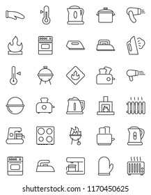 thin line vector icon set - iron vector, steaming, pan, camping cauldron, kettle, cook glove, toaster, oven, thermometer, bbq, flammable, fireplace, heating, coffee maker, hair dryer, heater