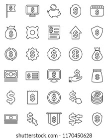 thin line vector icon set - exchange vector, dollar coin, cash, money bag, piggy bank, investment, growth, receipt, medal, flag, shield, calendar, monitor, cursor, any currency, sign