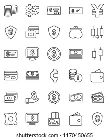thin line vector icon set - exchange vector, dollar coin, japanese candle, credit card, wallet, cash, investment, stack, check, shield, monitor, any currency, yen sign, cent, money