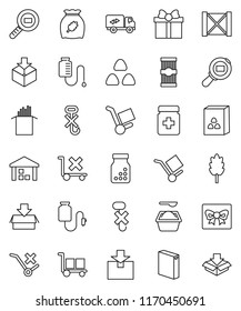 thin line vector icon set - washing powder vector, cereal, pasta, wood box, cargo, no trolley, hook, warehouse, package, search, pills bottle, drop counter, relocation truck, gift
