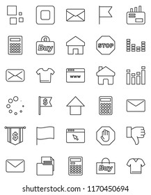 thin line vector icon set - calculator vector, flag, arrow up, dollar, document, equalizer, finger down, mail, stop button, browser, home, loading, buy, clothes