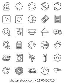 thin line vector icon set - washboard vector, toilet paper, plates, pie graph, arrow up, pound, oxygen, disk, play button, rec, pills blister, gear, refresh, redo, loading, route, relocation truck