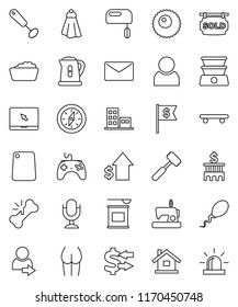 thin line vector icon set - towel vector, foam basin, kettle, whisk, meat hammer, cutting board, compass, exchange, dollar growth, bank building, flag, buttocks, skateboard, sports nutrition, sperm