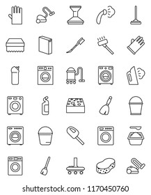 thin line vector icon set - broom vector, vacuum cleaner, mop, bucket, sponge, car fetlock, steaming, washer, washing powder, cleaning agent, rubber glove