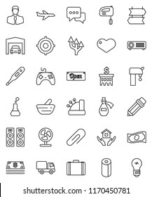 thin line vector icon set - house hold vector, toilet paper, pencil, cash, case, bank building, target, plane, client, gamepad, dialog, heart, thermometer, flask, mortar, potion, route arrow, garage