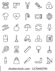 thin line vector icon set - plunger vector, scoop, clothespin, drying clothes, knife, toaster, microwave oven, mushroom, pen, corner ruler, apple fruit, tie, heart pulse, pills, monitor, document