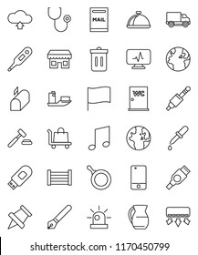 thin line vector icon set - trash bin vector, water closet, pan, jug, dish, pen, paper pin, music, world, flag, auction, earth, ship, delivery, wood box, mobile phone, hdmi, jack, thermometer, siren