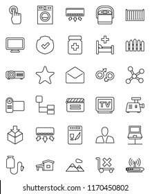 thin line vector icon set - sea container vector, no trolley, package, protected, cinema clap, tv, touchscreen, favorites, mail, gender sign, pills bottle, hospital bed, drop counter, network, fence
